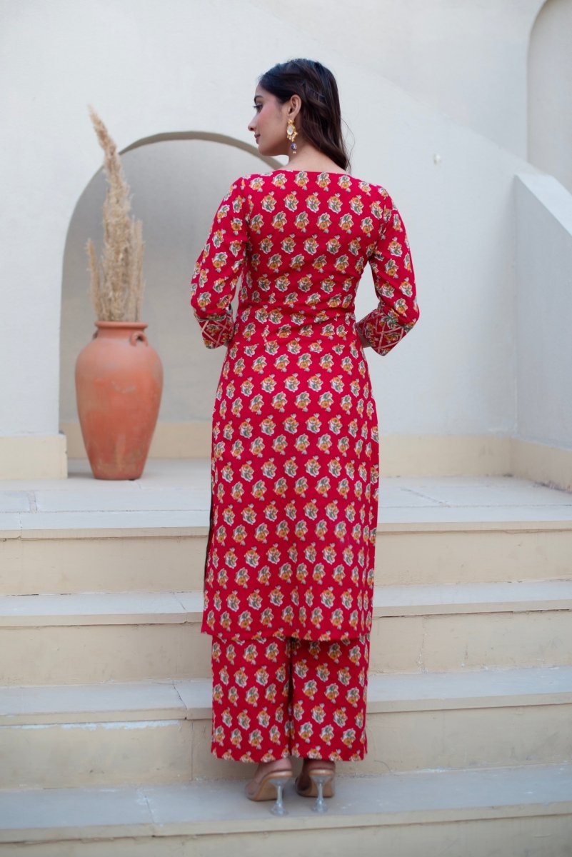 CHHIPA BAZAR RED GOTA PATTI COTTON HAND BLOCK KURTA SET WITH SOFT NET DUAPTTA - Pomcha Jaipur