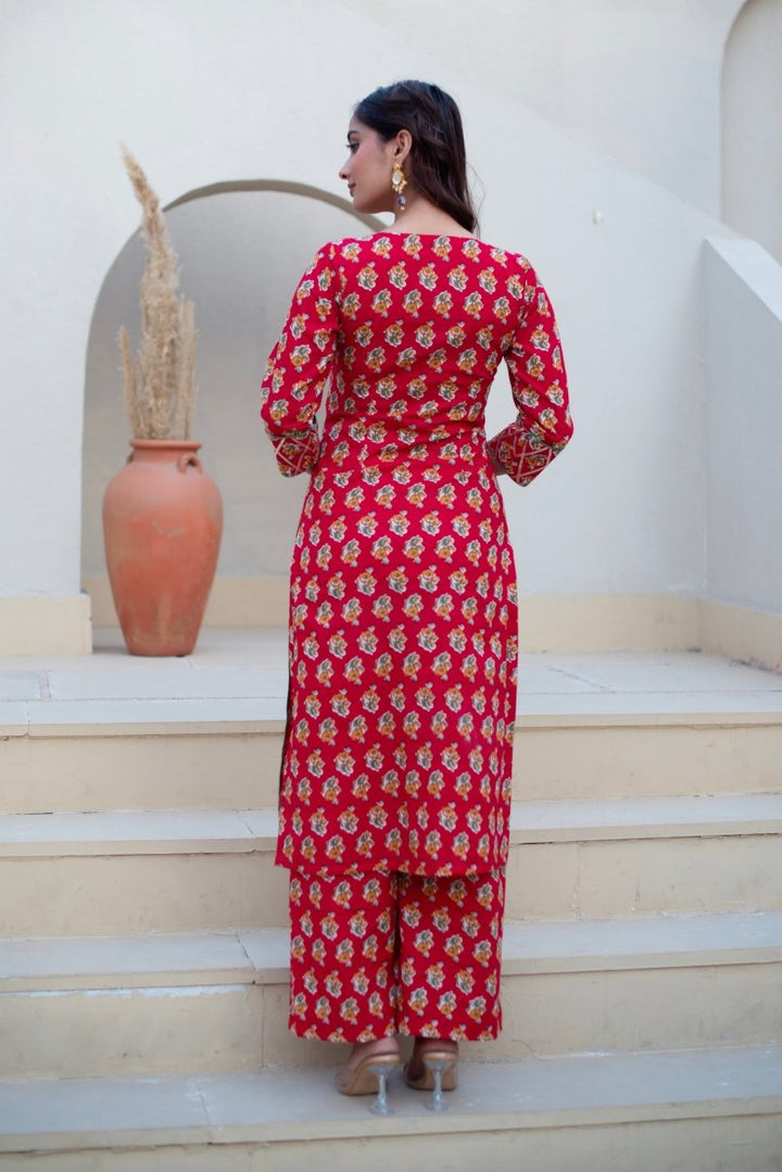 CHHIPA BAZAR RED GOTA PATTI COTTON HAND BLOCK KURTA SET WITH SOFT NET DUAPTTA - Pomcha Jaipur