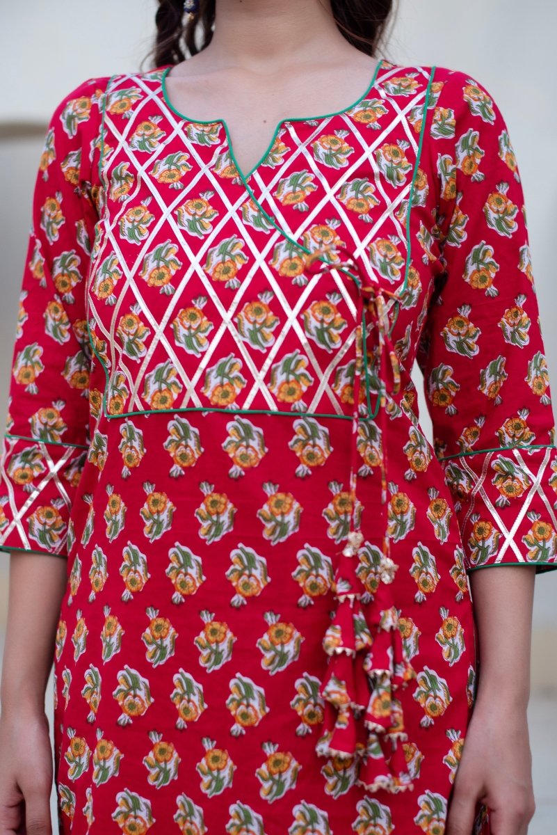 CHHIPA BAZAR RED GOTA PATTI COTTON HAND BLOCK KURTA SET WITH SOFT NET DUAPTTA - Pomcha Jaipur