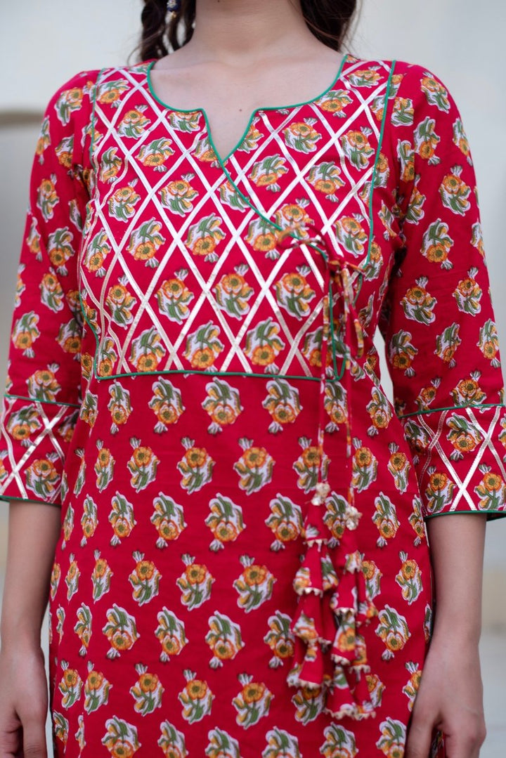 CHHIPA BAZAR RED GOTA PATTI COTTON HAND BLOCK KURTA SET WITH SOFT NET DUAPTTA - Pomcha Jaipur