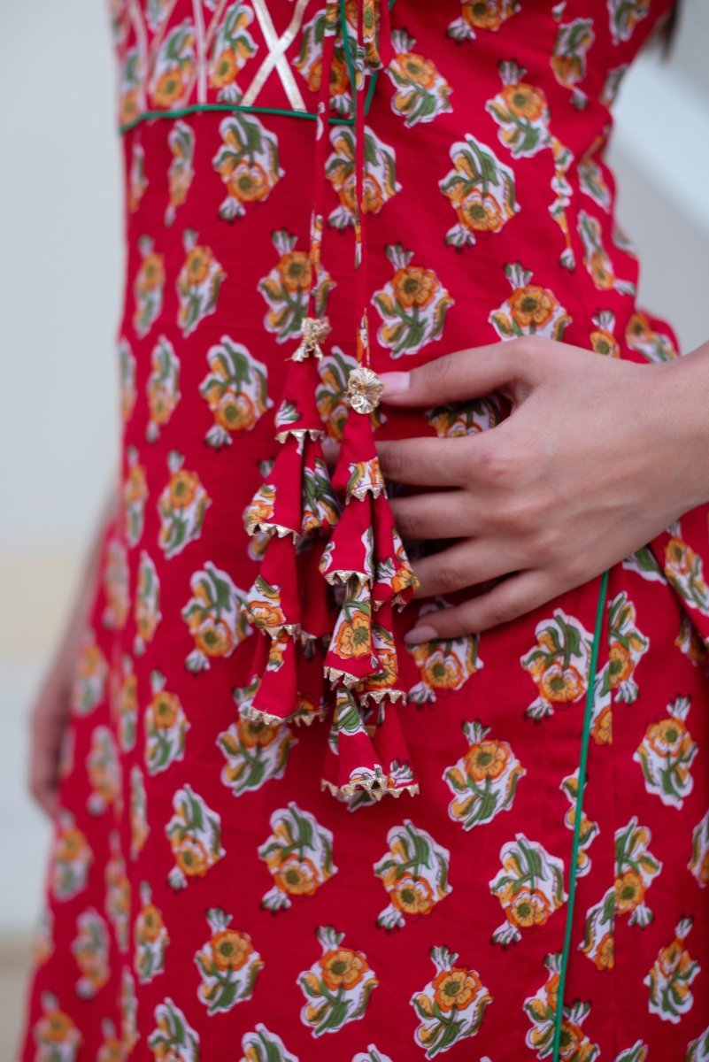 CHHIPA BAZAR RED GOTA PATTI COTTON HAND BLOCK KURTA SET WITH SOFT NET DUAPTTA - Pomcha Jaipur