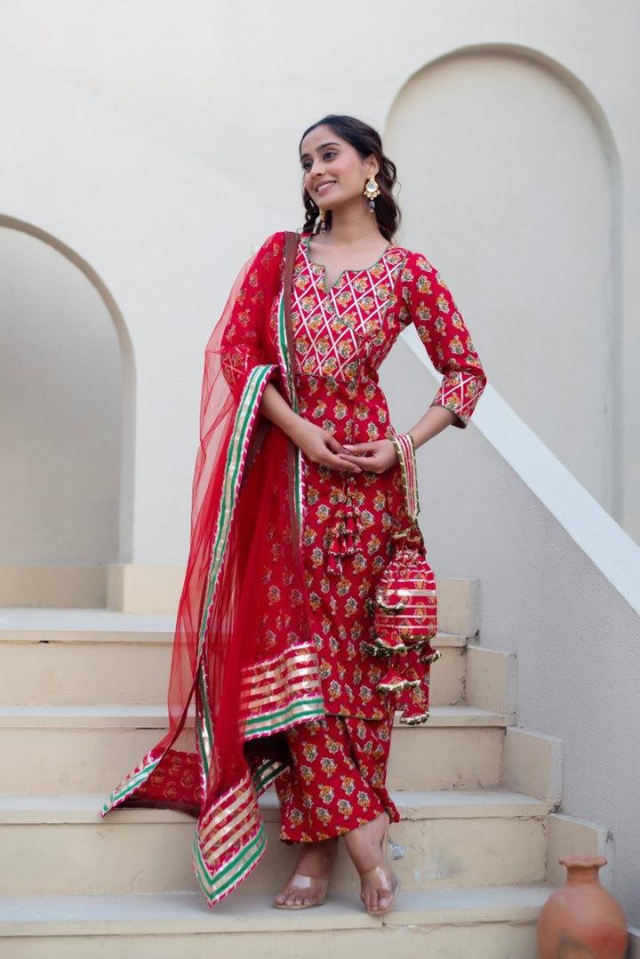 CHHIPA BAZAR RED GOTA PATTI COTTON HAND BLOCK KURTA SET WITH SOFT NET DUAPTTA - Pomcha Jaipur