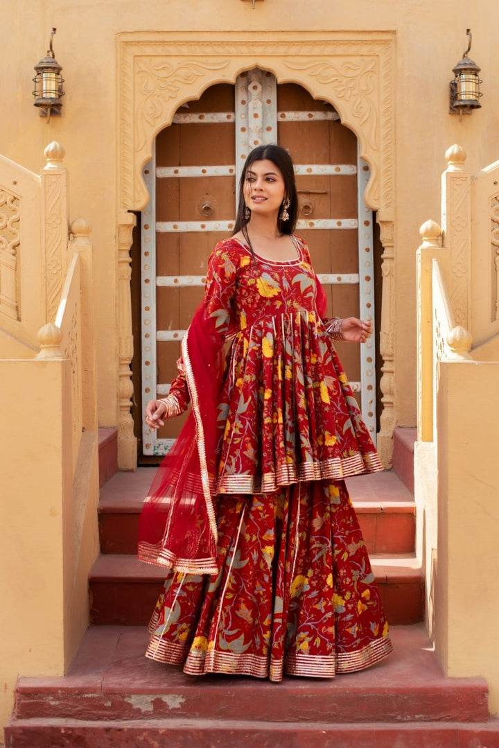 CHHIPA BAZAR RED HAND BLOCK COTTON GOTA PATTI ANARKALI SKIRT SET WITH SOFT NET DUPATTA - Pomcha Jaipur
