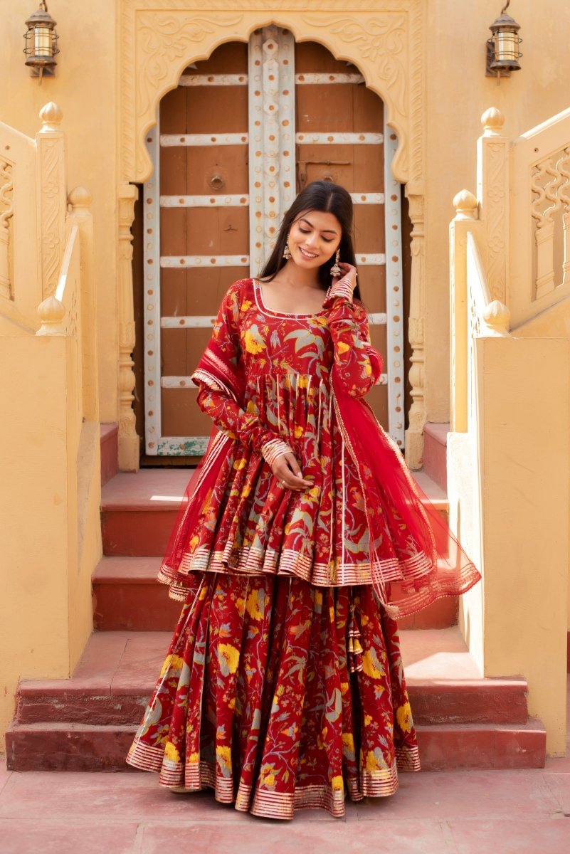 CHHIPA BAZAR RED HAND BLOCK COTTON GOTA PATTI ANARKALI SKIRT SET WITH SOFT NET DUPATTA - Pomcha Jaipur