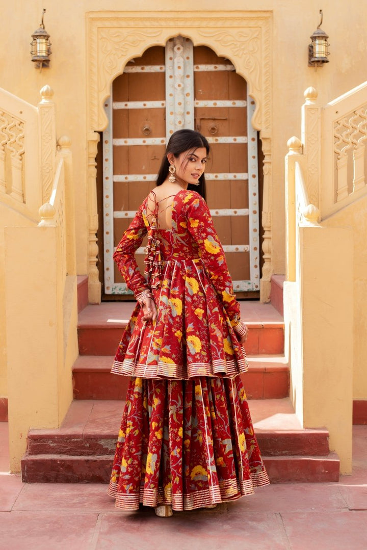 CHHIPA BAZAR RED HAND BLOCK COTTON GOTA PATTI ANARKALI SKIRT SET WITH SOFT NET DUPATTA - Pomcha Jaipur