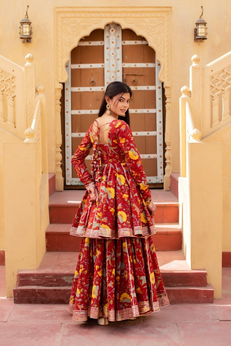 CHHIPA BAZAR RED HAND BLOCK COTTON GOTA PATTI ANARKALI SKIRT SET WITH SOFT NET DUPATTA - Pomcha Jaipur