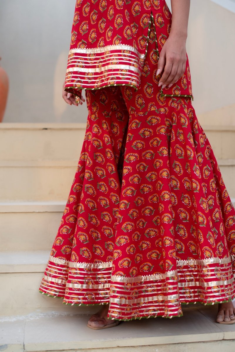 CHHIPA BAZAR RED HAND BLOCK COTTON GOTA PATTI KURTA SHARARA SET WITH SOFT NET DUPATTA - Pomcha Jaipur