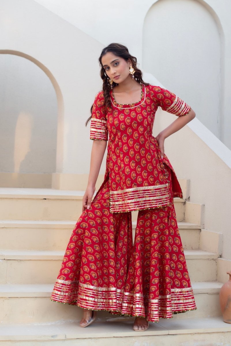 CHHIPA BAZAR RED HAND BLOCK COTTON GOTA PATTI KURTA SHARARA SET WITH SOFT NET DUPATTA - Pomcha Jaipur