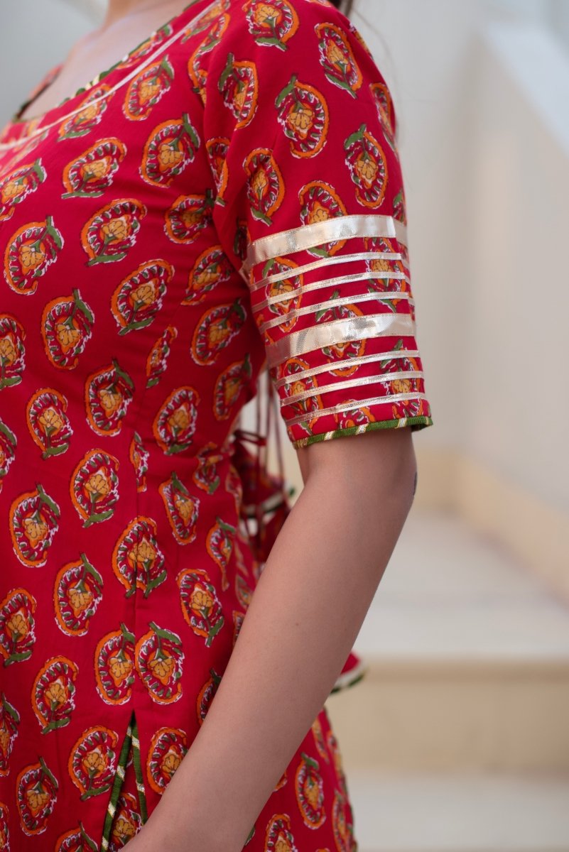 CHHIPA BAZAR RED HAND BLOCK COTTON GOTA PATTI KURTA SHARARA SET WITH SOFT NET DUPATTA - Pomcha Jaipur