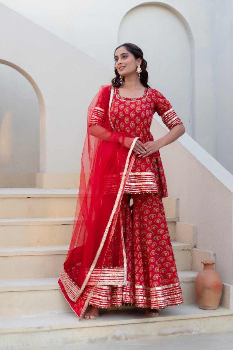CHHIPA BAZAR RED HAND BLOCK COTTON GOTA PATTI KURTA SHARARA SET WITH SOFT NET DUPATTA - Pomcha Jaipur