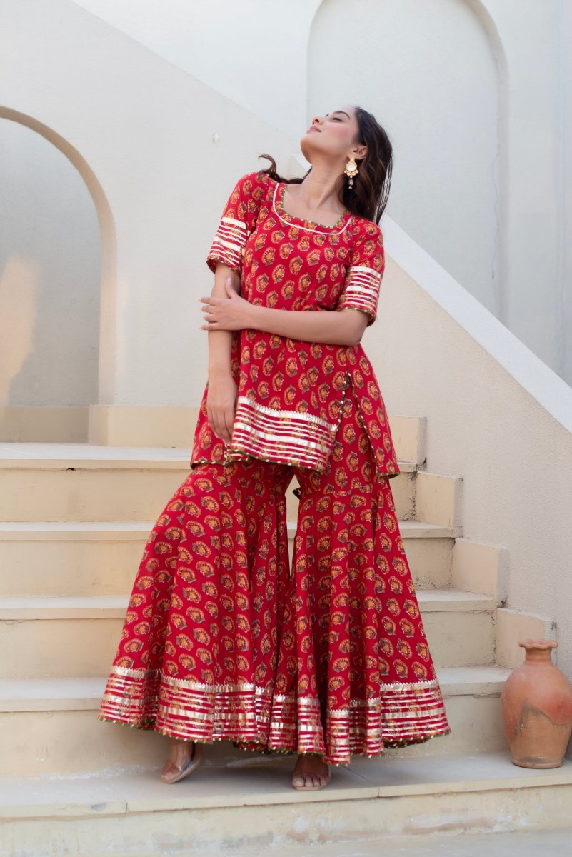 CHHIPA BAZAR RED HAND BLOCK COTTON GOTA PATTI KURTA SHARARA SET WITH SOFT NET DUPATTA - Pomcha Jaipur