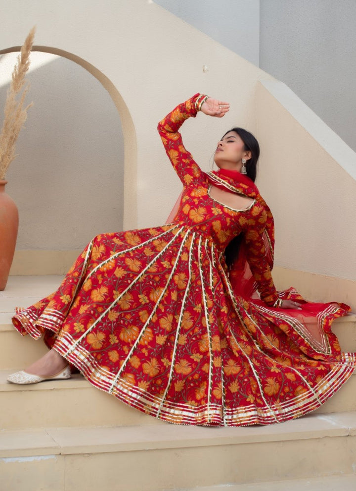 CHHIPA BAZAR RED MASTANI HAND BLOCK GOTA PATTI ANARKALI SET WITH SOFT NET DUPATTA - Pomcha Jaipur