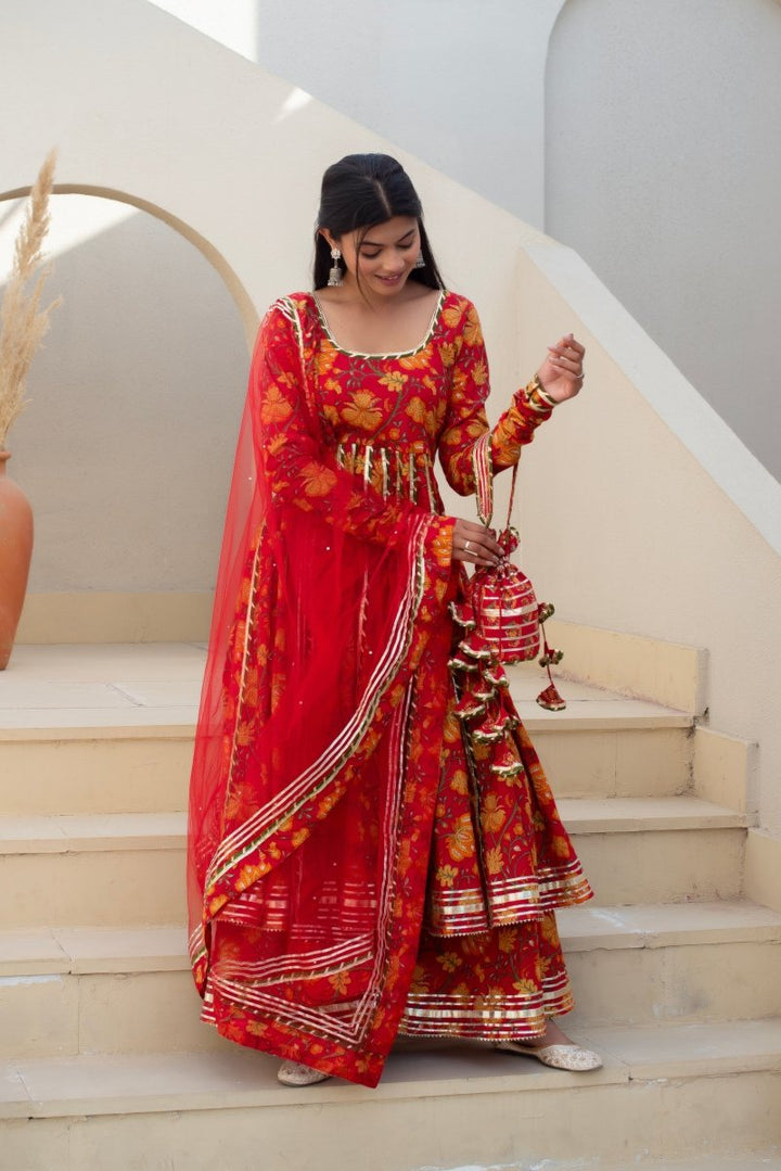 CHHIPA BAZAR RED MASTANI HAND BLOCK GOTA PATTI ANARKALI SET WITH SOFT NET DUPATTA - Pomcha Jaipur