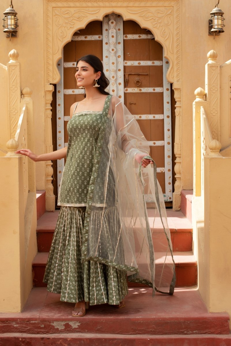 CHHIPA BAZAR SAGE GREEN COTTON HAND BLOCK GOTA PATTI SHARARA SET WITH SOFT NET DUPATTA - Pomcha Jaipur
