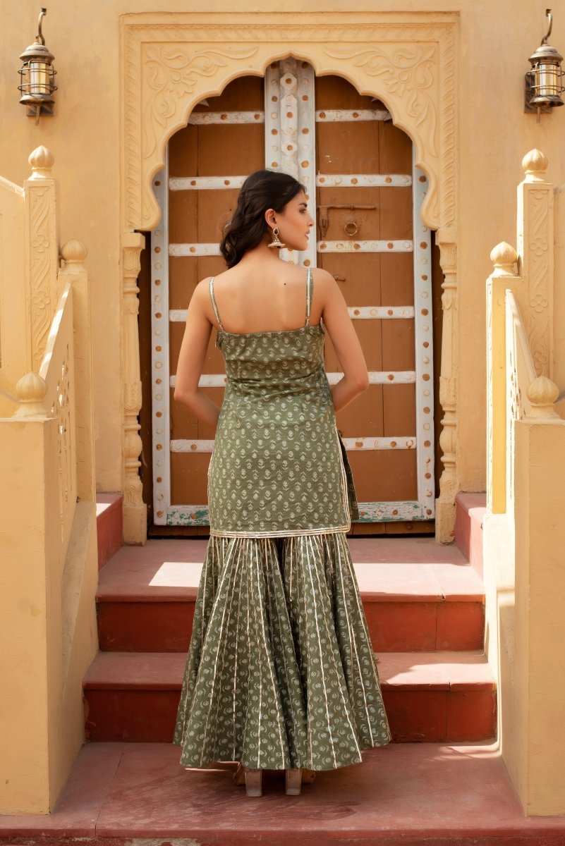 CHHIPA BAZAR SAGE GREEN COTTON HAND BLOCK GOTA PATTI SHARARA SET WITH SOFT NET DUPATTA - Pomcha Jaipur