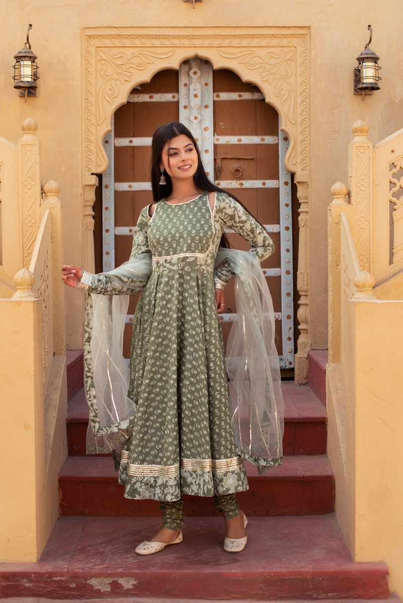 CHHIPA BAZAR SAGE GREEN GOTA PATTI COTTON ANARKALI SET WITH SOFT NET DUPATTA - Pomcha Jaipur