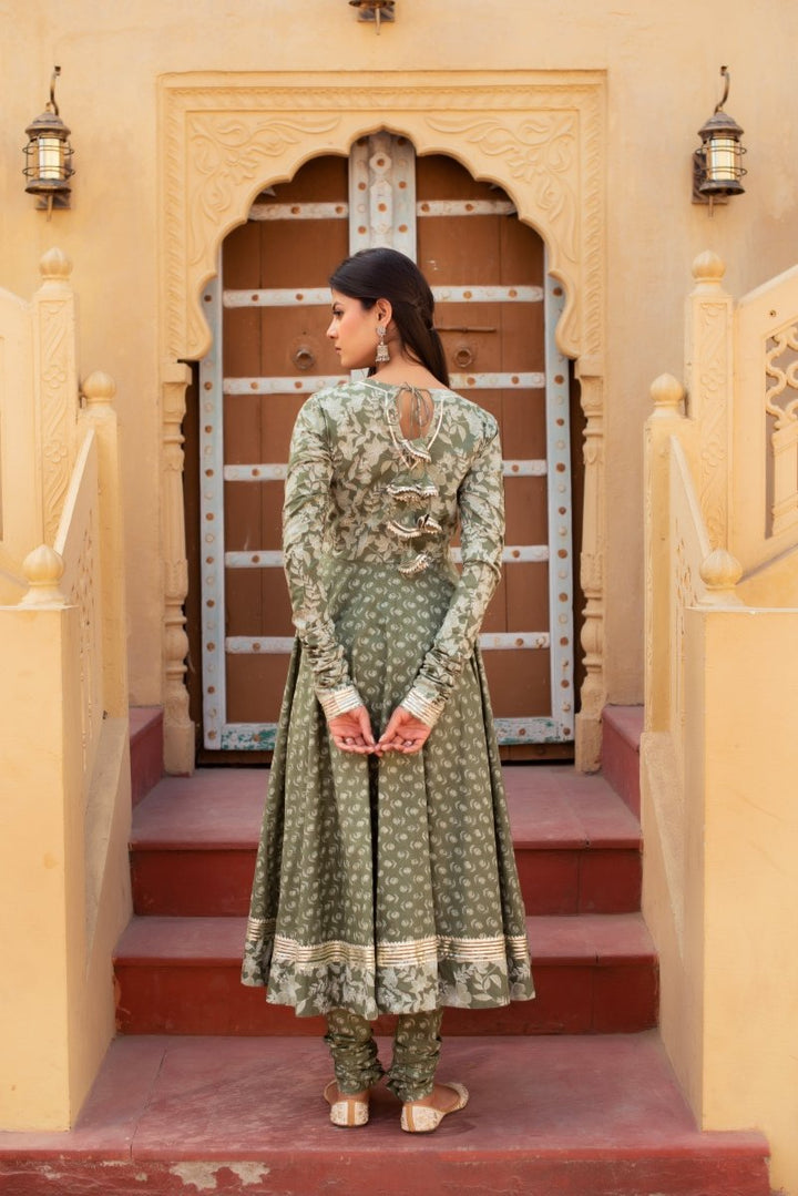 CHHIPA BAZAR SAGE GREEN GOTA PATTI COTTON ANARKALI SET WITH SOFT NET DUPATTA - Pomcha Jaipur