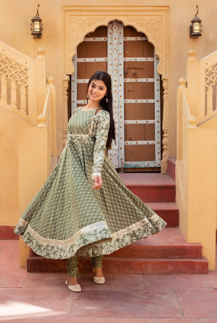 CHHIPA BAZAR SAGE GREEN GOTA PATTI COTTON ANARKALI SET WITH SOFT NET DUPATTA - Pomcha Jaipur