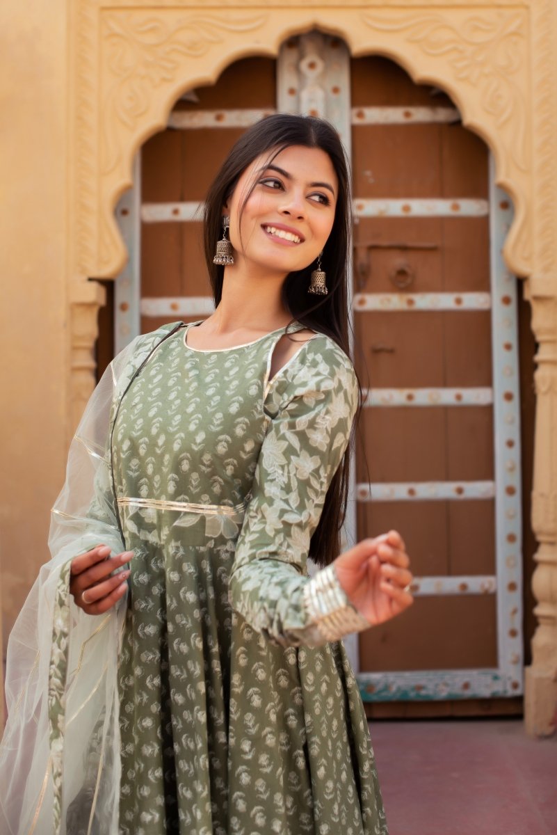 CHHIPA BAZAR SAGE GREEN GOTA PATTI COTTON ANARKALI SET WITH SOFT NET DUPATTA - Pomcha Jaipur