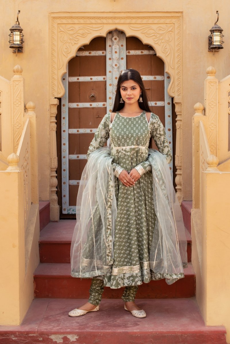 CHHIPA BAZAR SAGE GREEN GOTA PATTI COTTON ANARKALI SET WITH SOFT NET DUPATTA - Pomcha Jaipur
