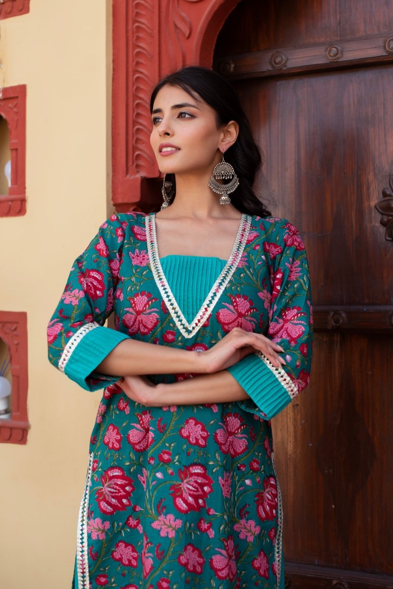 CHHIPA BAZAR TEAL BLUE COTTON HAND BLOCK SUIT SET WITH SOFT NET DUPATTA - Pomcha Jaipur