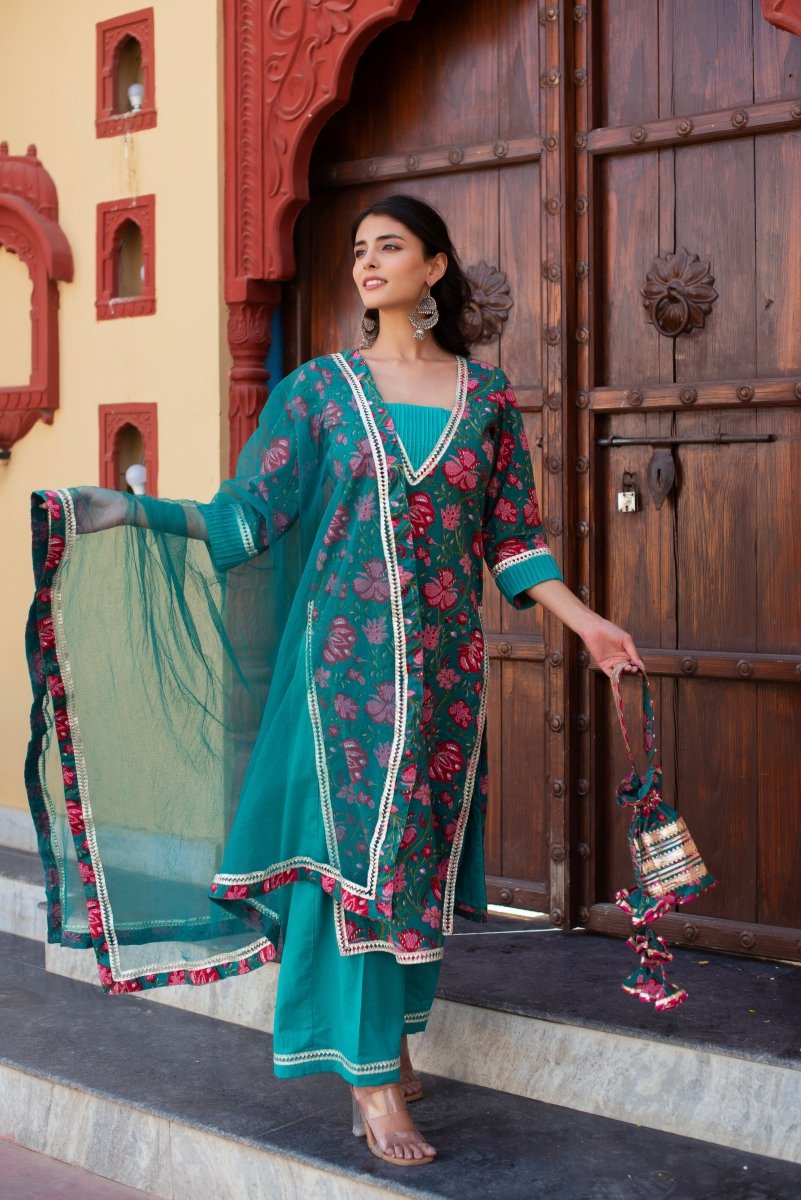 CHHIPA BAZAR TEAL BLUE COTTON HAND BLOCK SUIT SET WITH SOFT NET DUPATTA - Pomcha Jaipur
