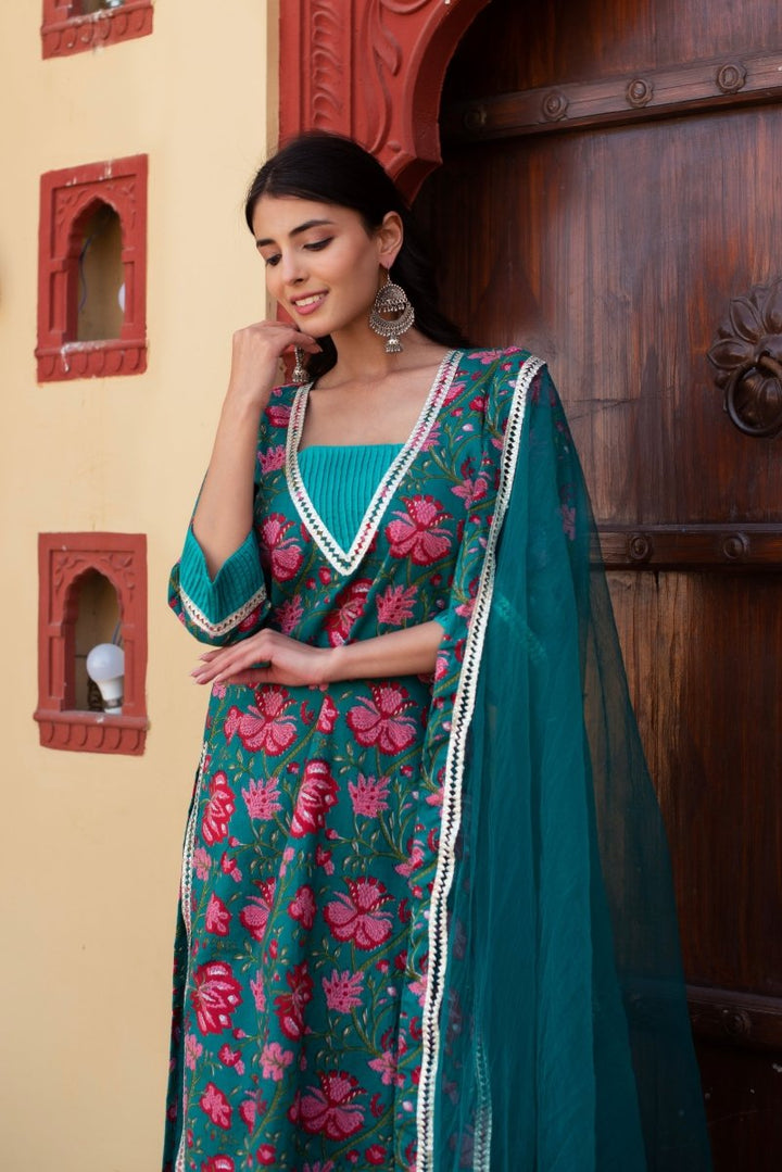 CHHIPA BAZAR TEAL BLUE COTTON HAND BLOCK SUIT SET WITH SOFT NET DUPATTA - Pomcha Jaipur