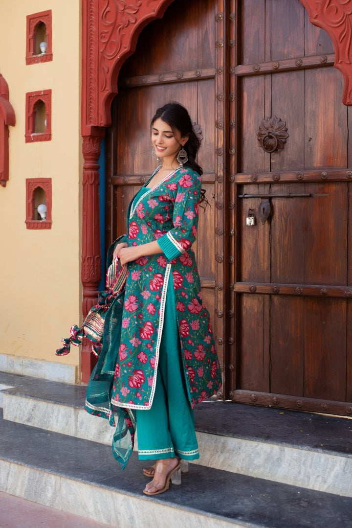 CHHIPA BAZAR TEAL BLUE COTTON HAND BLOCK SUIT SET WITH SOFT NET DUPATTA - Pomcha Jaipur