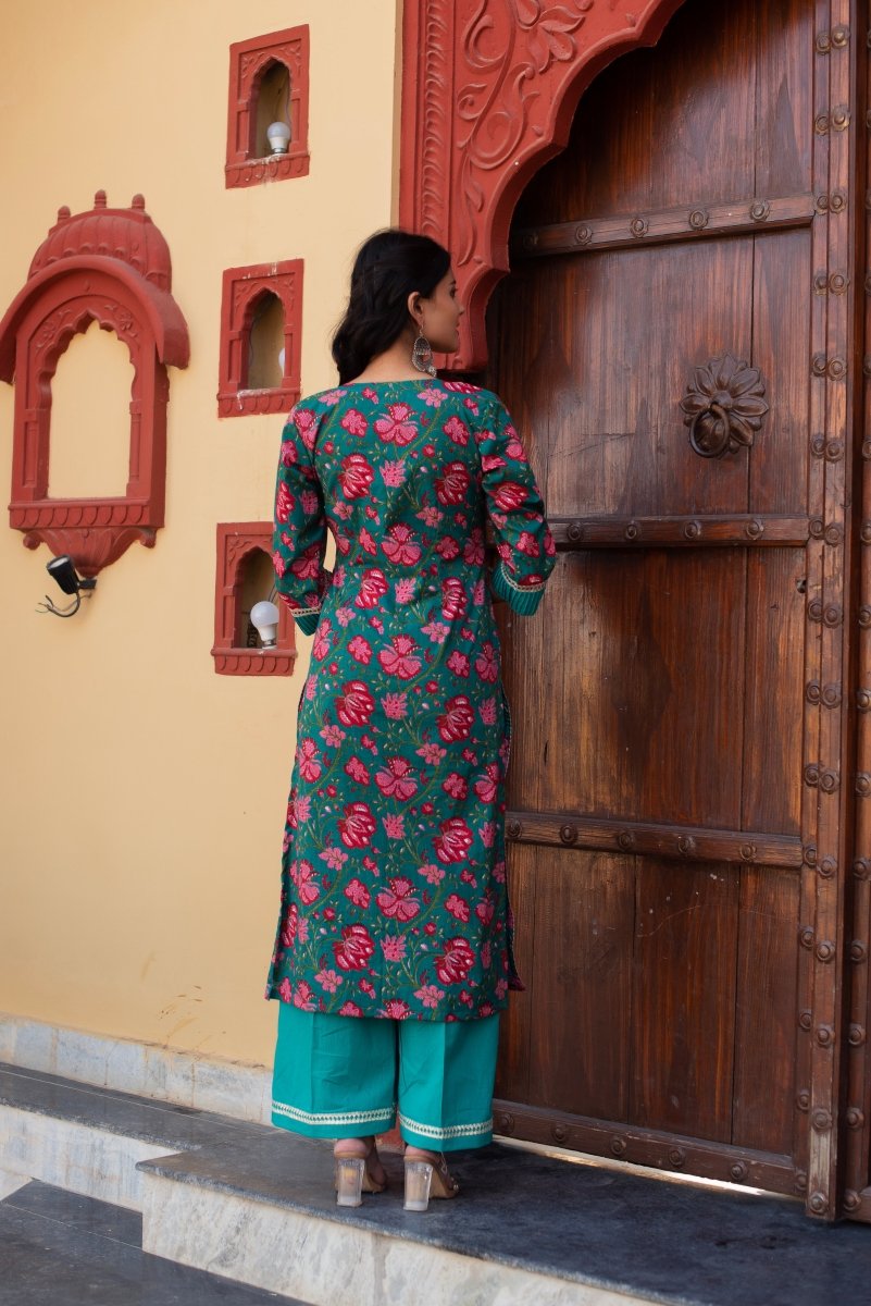 CHHIPA BAZAR TEAL BLUE COTTON HAND BLOCK SUIT SET WITH SOFT NET DUPATTA - Pomcha Jaipur