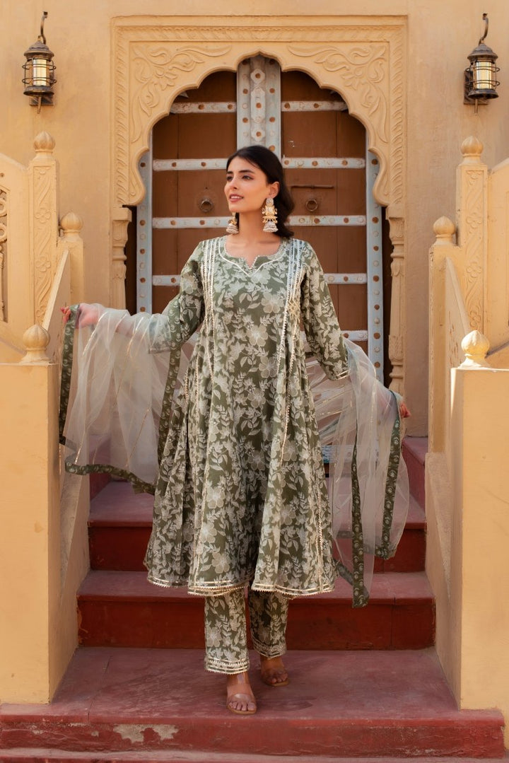CHHIPA BAZAR TITLI SAGE GREEN GOTA PATTI ANARKALI SET WITH SOFT NET DUPATTA - Pomcha Jaipur
