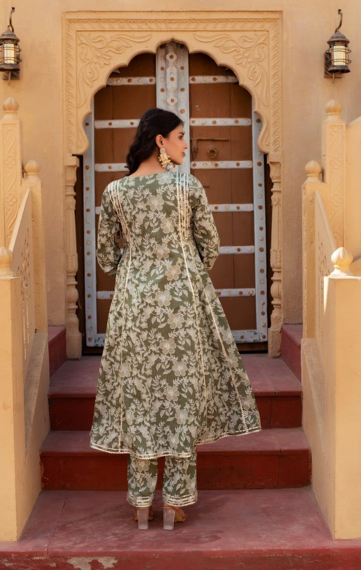 CHHIPA BAZAR TITLI SAGE GREEN GOTA PATTI ANARKALI SET WITH SOFT NET DUPATTA - Pomcha Jaipur