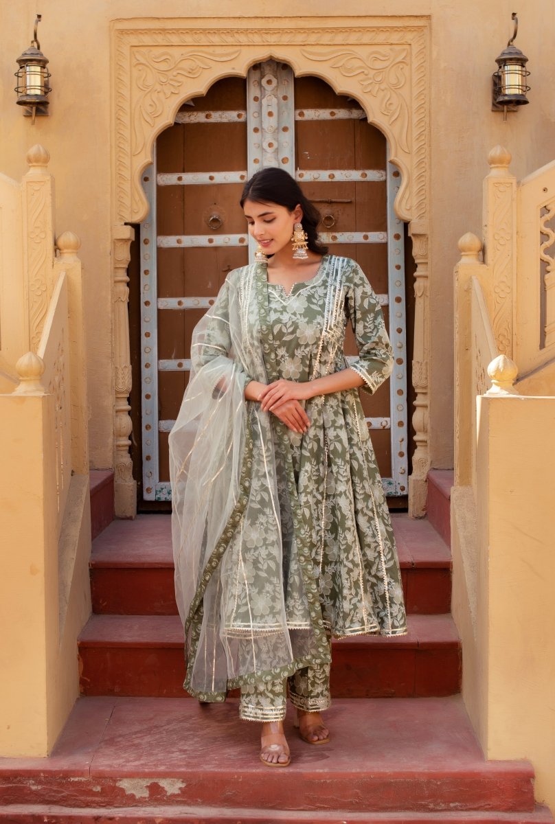 CHHIPA BAZAR TITLI SAGE GREEN GOTA PATTI ANARKALI SET WITH SOFT NET DUPATTA - Pomcha Jaipur