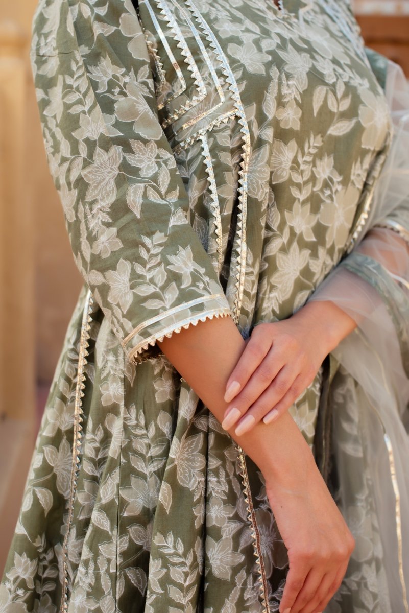 green emerald velvet dress Jhoom Organza Satin Anarkali Sage Green Kurta with Lehenga Set