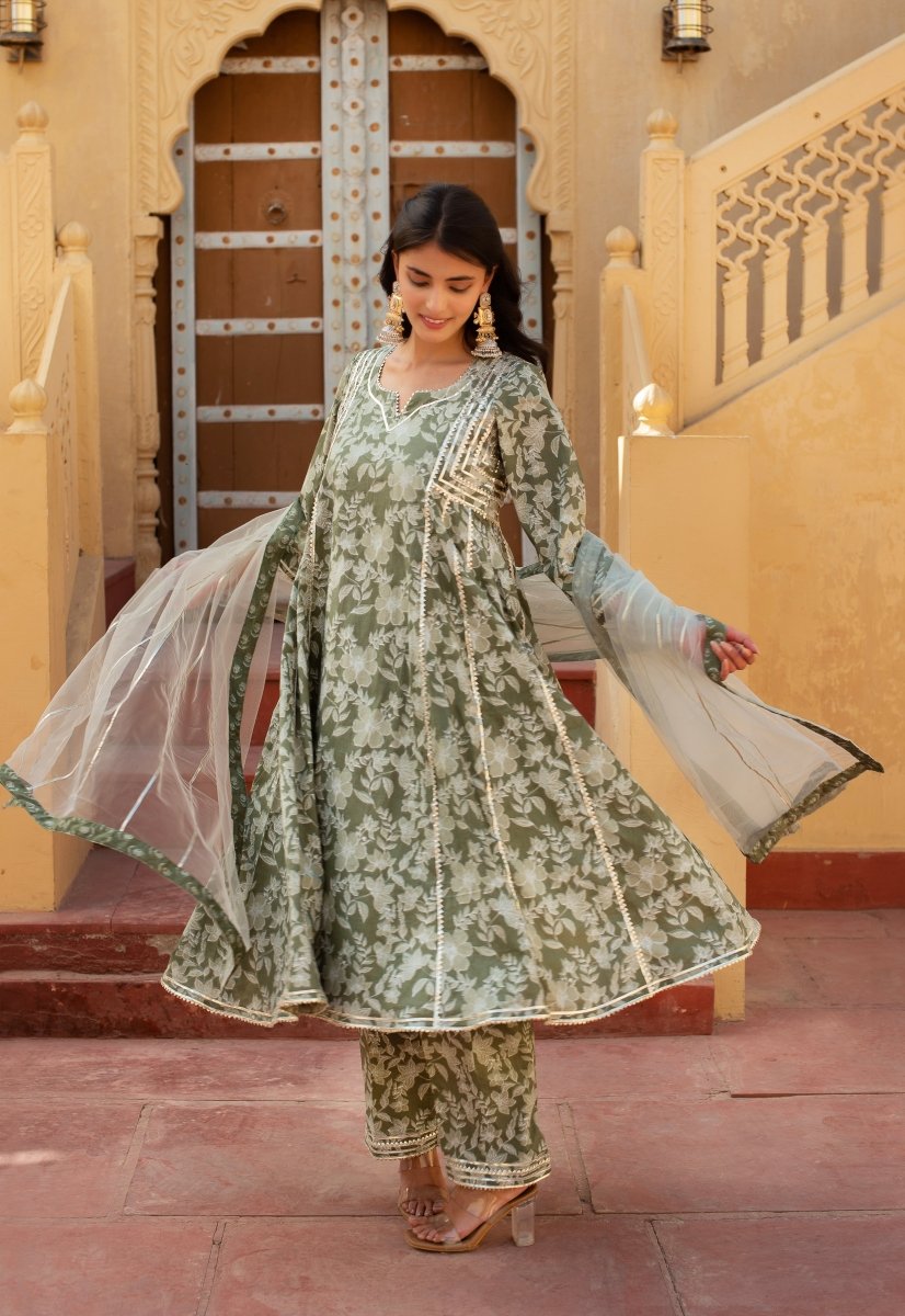 CHHIPA BAZAR TITLI SAGE GREEN GOTA PATTI ANARKALI SET WITH SOFT NET DUPATTA - Pomcha Jaipur