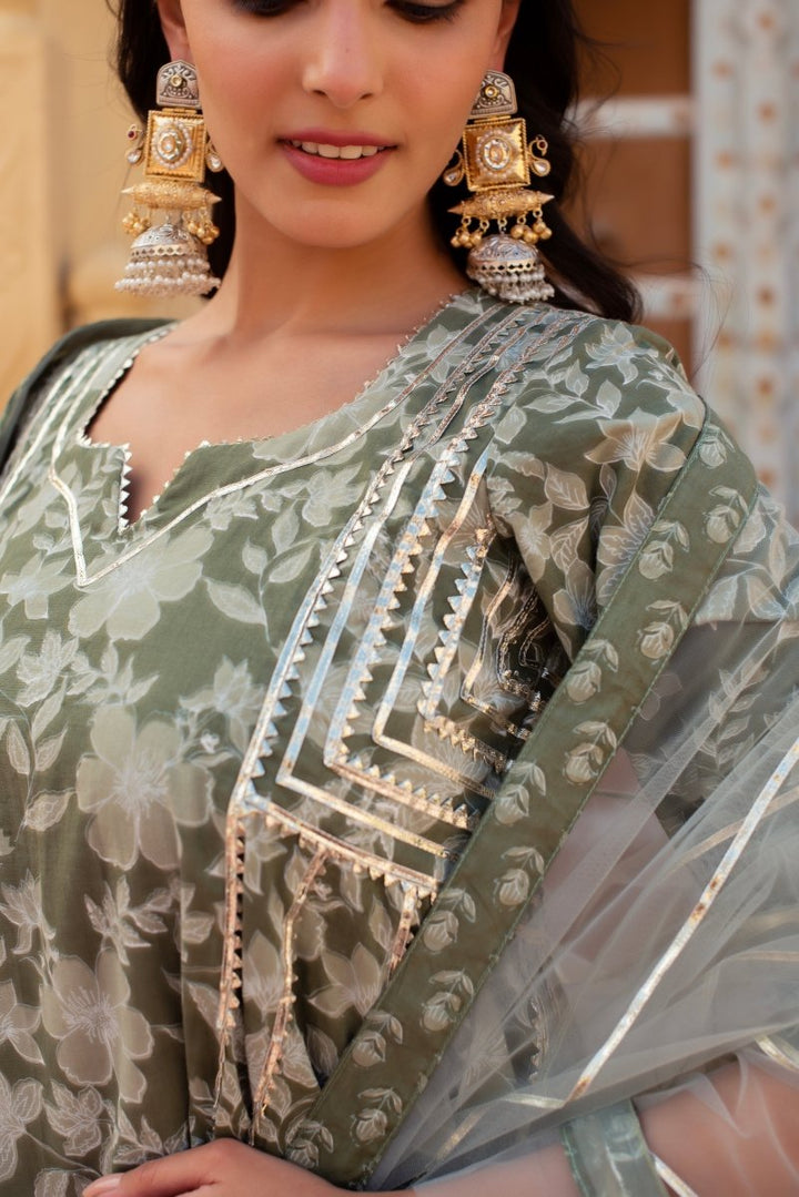 CHHIPA BAZAR TITLI SAGE GREEN GOTA PATTI ANARKALI SET WITH SOFT NET DUPATTA - Pomcha Jaipur