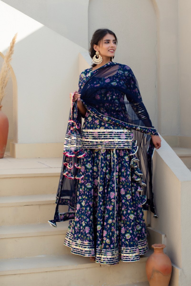 CHHIPA BAZAR TULSI BLUE COTTON GOTA PATTI SKIRT SET WITH SOFT NET DUPATTA - Pomcha Jaipur