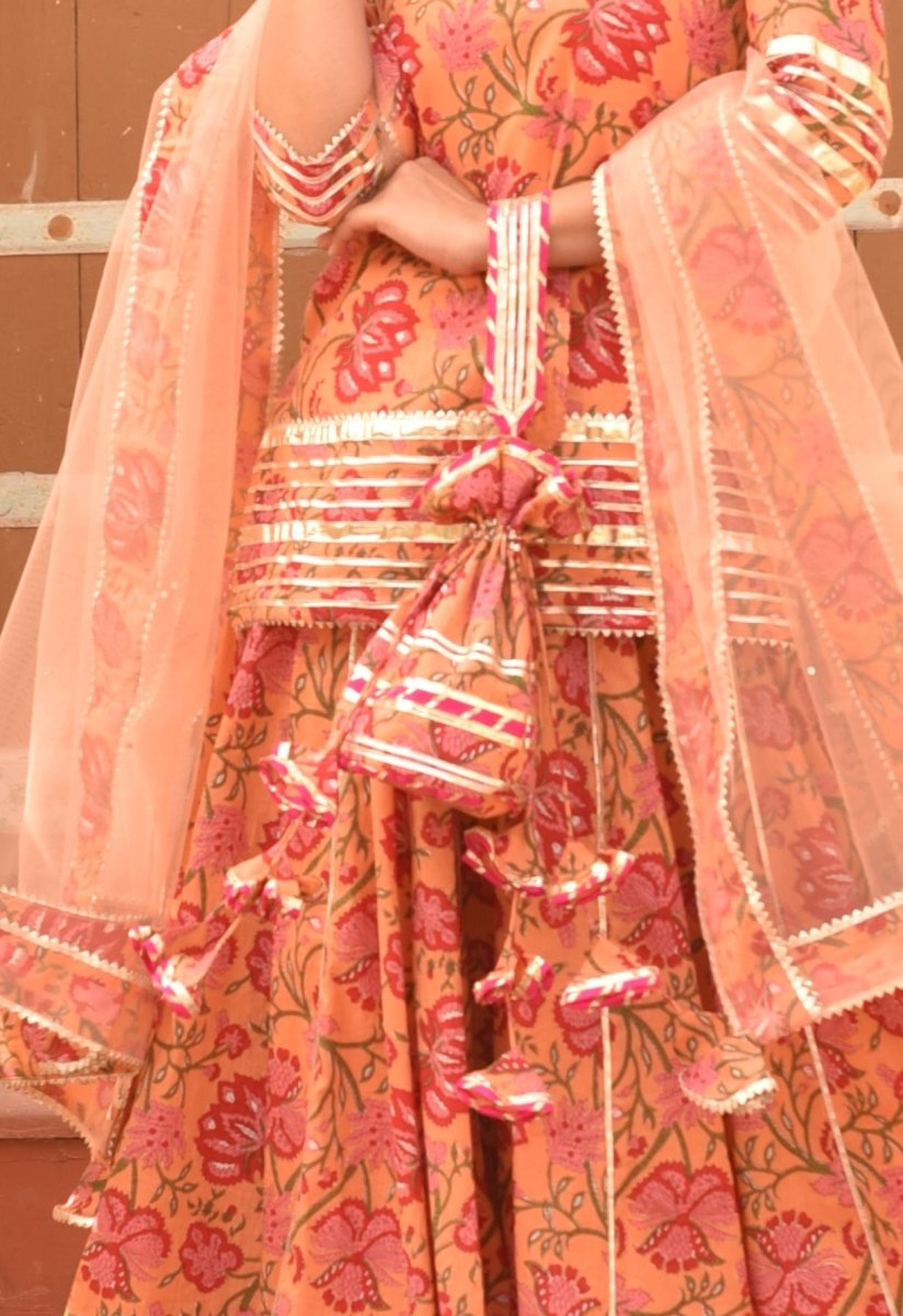 CHHIPA BAZAR TULSI PEACH HAND BLOCK COTTON GOTA PATTI SKIRT SET WITH SOFT NET DUPATTA - Pomcha Jaipur