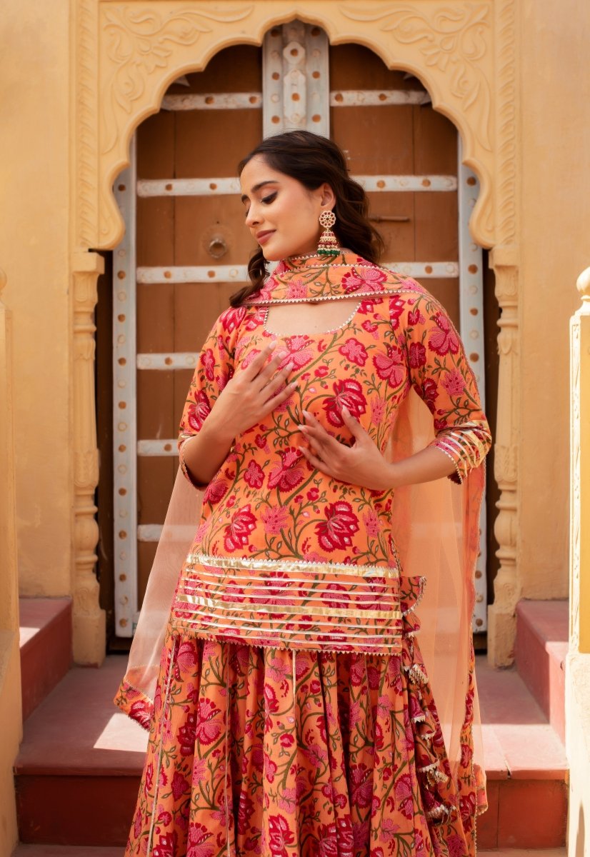 CHHIPA BAZAR TULSI PEACH HAND BLOCK COTTON GOTA PATTI SKIRT SET WITH SOFT NET DUPATTA - Pomcha Jaipur