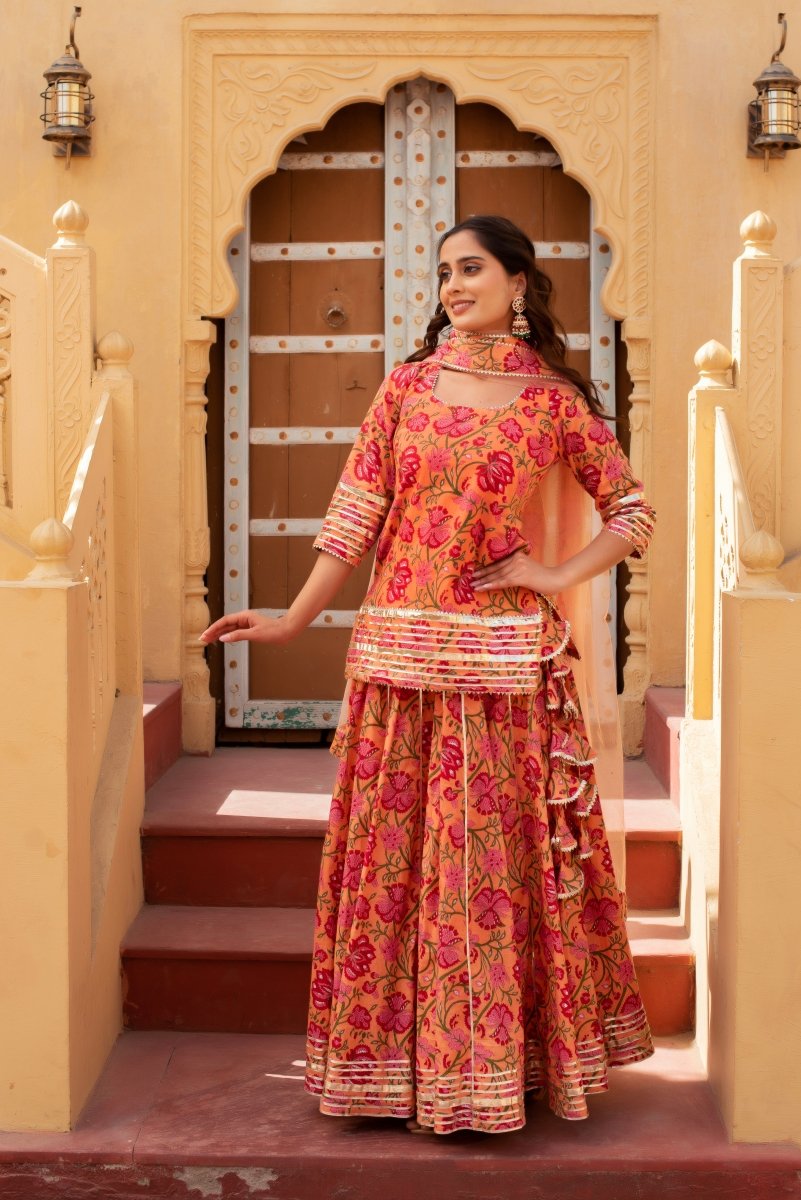 CHHIPA BAZAR TULSI PEACH HAND BLOCK COTTON GOTA PATTI SKIRT SET WITH SOFT NET DUPATTA - Pomcha Jaipur