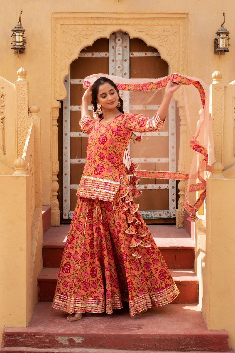 CHHIPA BAZAR TULSI PEACH HAND BLOCK COTTON GOTA PATTI SKIRT SET WITH SOFT NET DUPATTA - Pomcha Jaipur