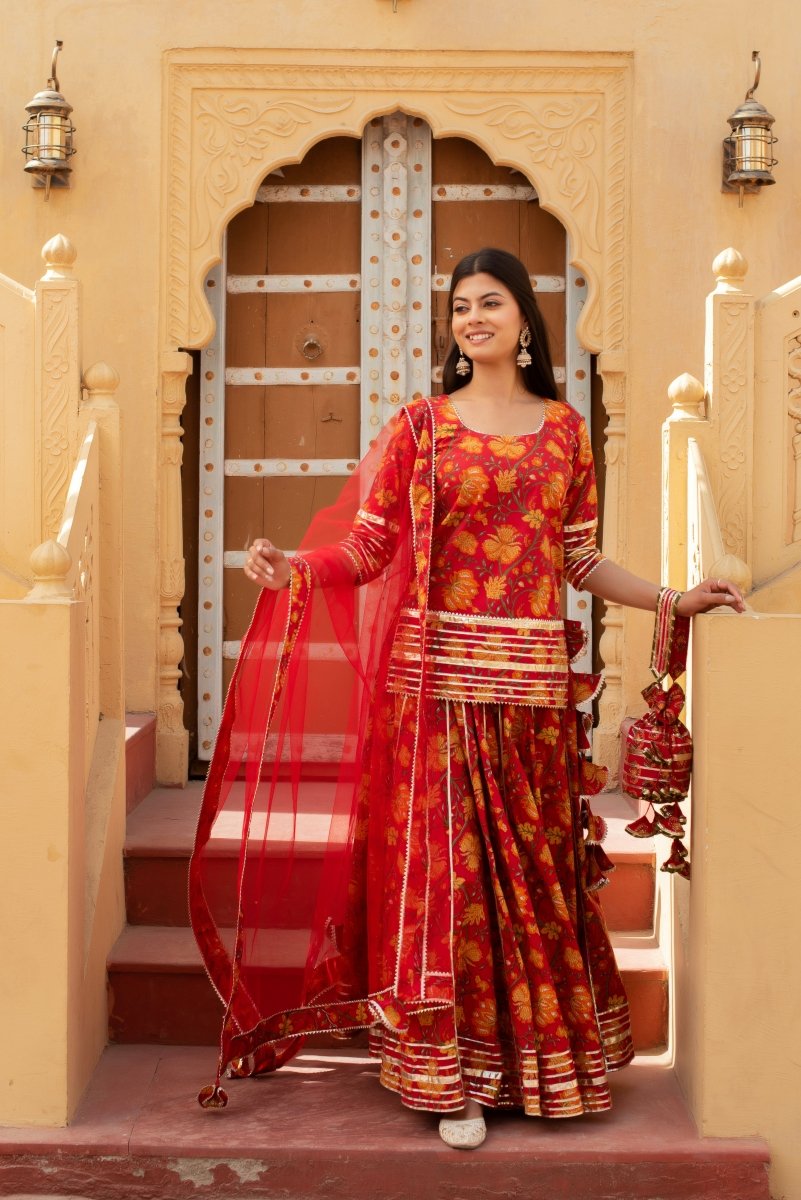 CHHIPA BAZAR TULSI RED COTTON HAND BLOCK GOTA PATTI SKIRT SET WITH SOFT NET DUPATTA - Pomcha Jaipur