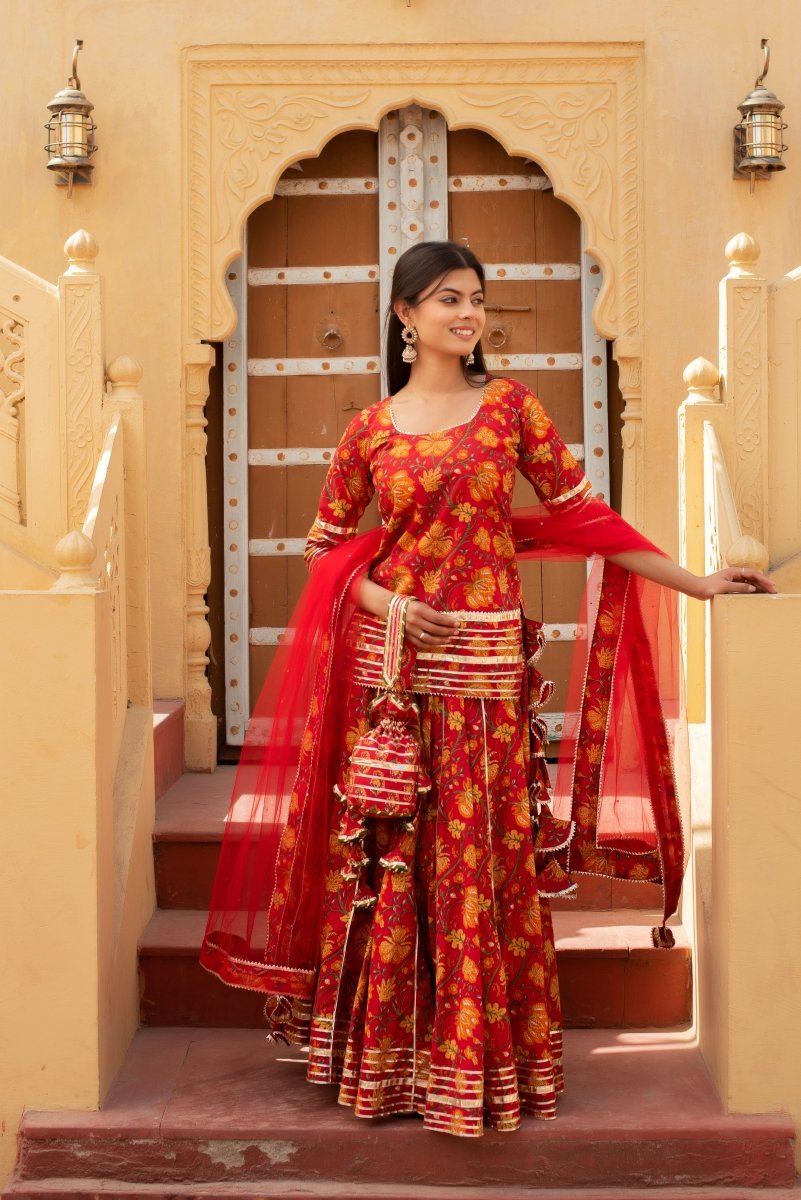 CHHIPA BAZAR TULSI RED COTTON HAND BLOCK GOTA PATTI SKIRT SET WITH SOFT NET DUPATTA - Pomcha Jaipur