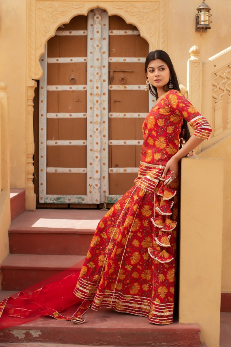 CHHIPA BAZAR TULSI RED COTTON HAND BLOCK GOTA PATTI SKIRT SET WITH SOFT NET DUPATTA - Pomcha Jaipur
