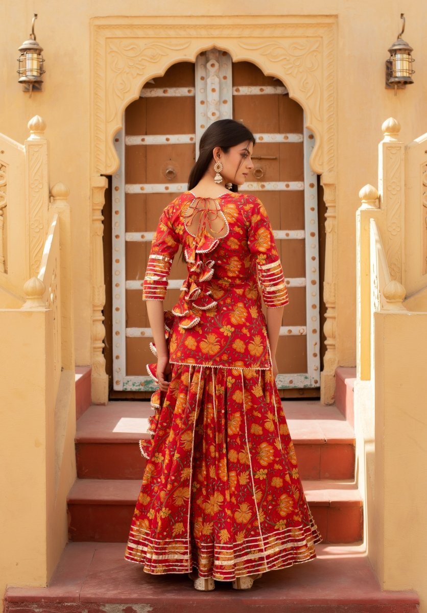 CHHIPA BAZAR TULSI RED COTTON HAND BLOCK GOTA PATTI SKIRT SET WITH SOFT NET DUPATTA - Pomcha Jaipur