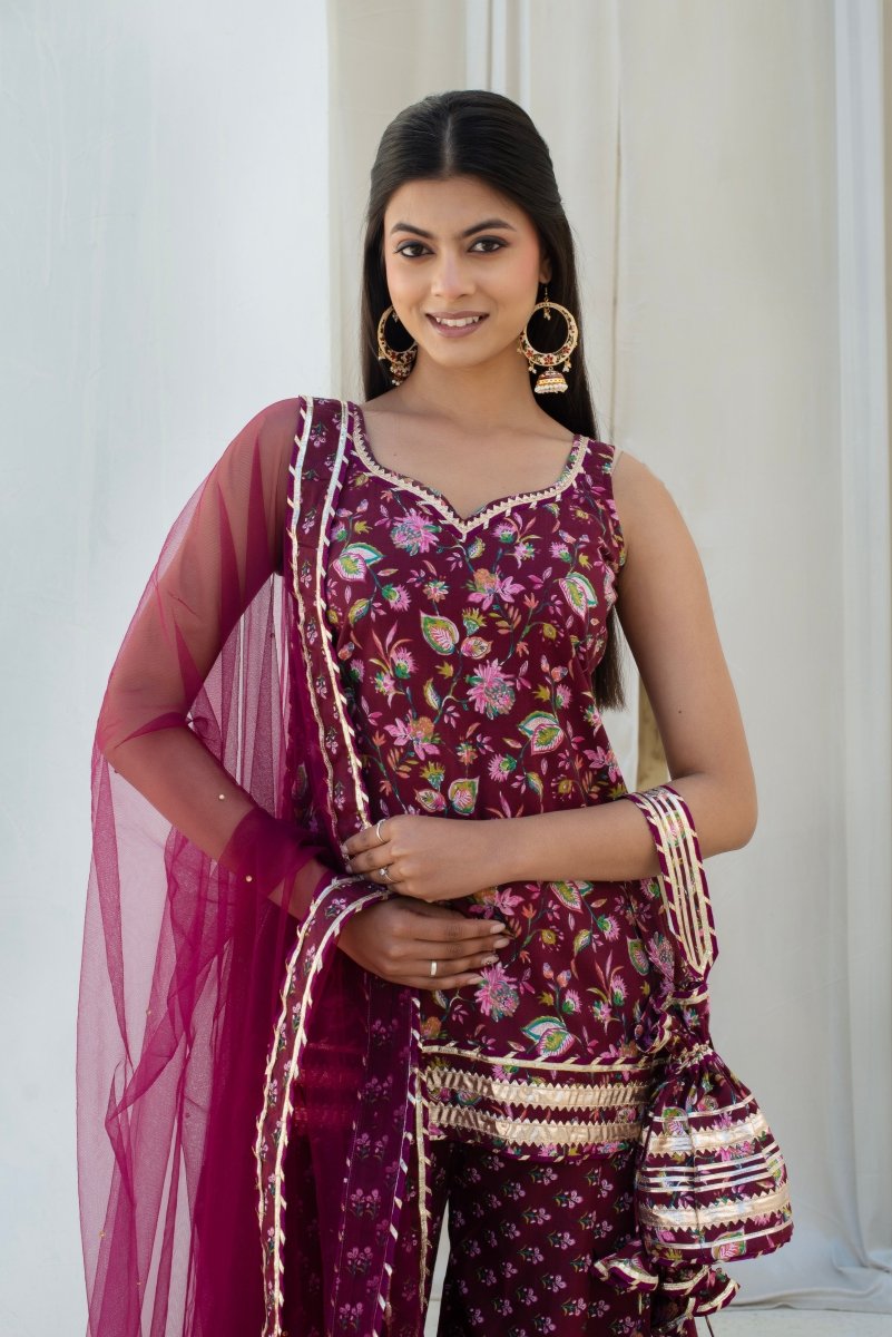CHHIPA BAZAR WINE COTTON GOTA PATTI KURTA DHOTI SET WITH SOFT NET DUPATTA - Pomcha Jaipur