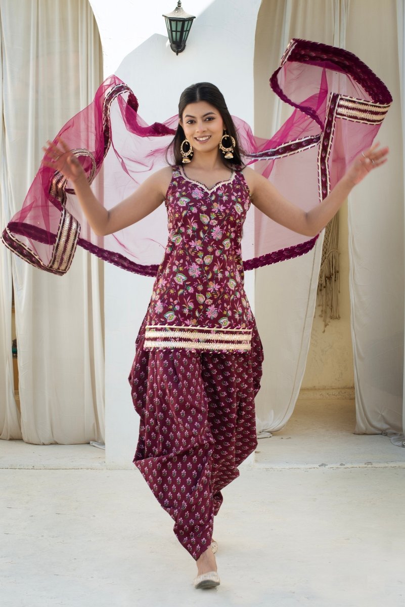 CHHIPA BAZAR WINE COTTON GOTA PATTI KURTA DHOTI SET WITH SOFT NET DUPATTA - Pomcha Jaipur