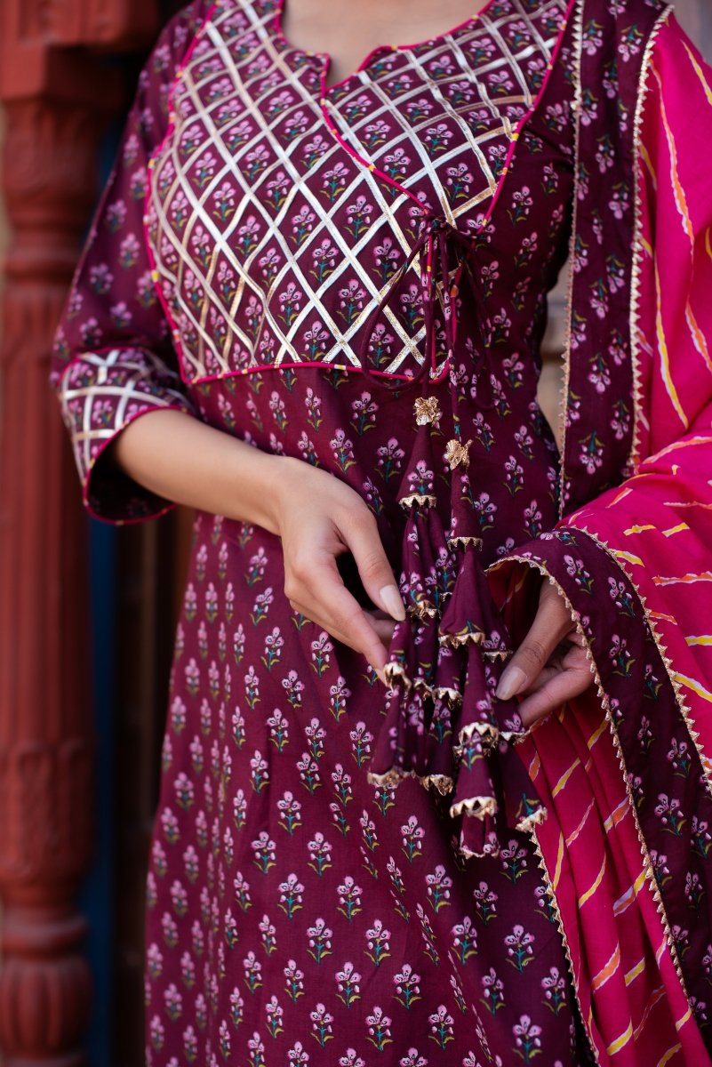 CHHIPA BAZAR WINE COTTON HAND BLOCK GOTA PATTI ANGRAKHA SUIT SET - Pomcha Jaipur