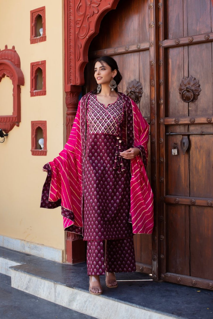 CHHIPA BAZAR WINE COTTON HAND BLOCK GOTA PATTI ANGRAKHA SUIT SET - Pomcha Jaipur