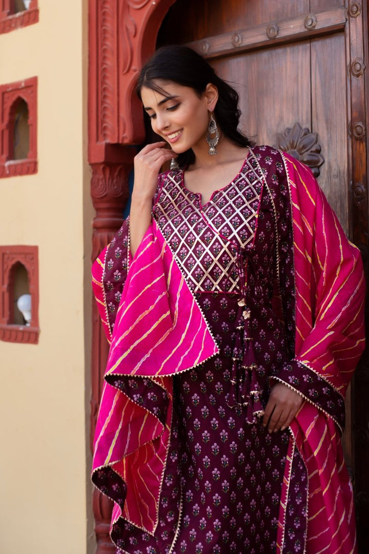 CHHIPA BAZAR WINE COTTON HAND BLOCK GOTA PATTI ANGRAKHA SUIT SET - Pomcha Jaipur