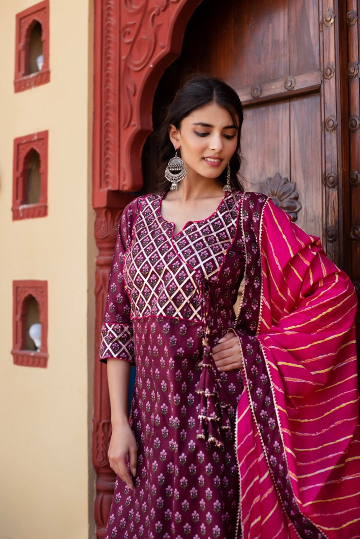 CHHIPA BAZAR WINE COTTON HAND BLOCK GOTA PATTI ANGRAKHA SUIT SET - Pomcha Jaipur